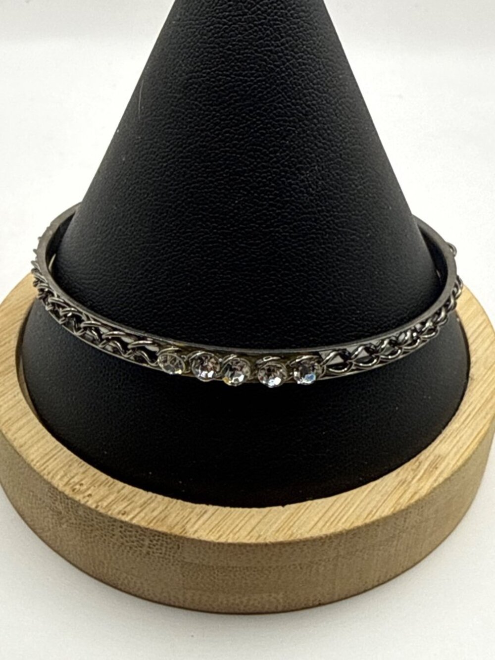 Antiqued Silver Braided Chain Rhinestone Slip On Bangle Bracelet Art Deco